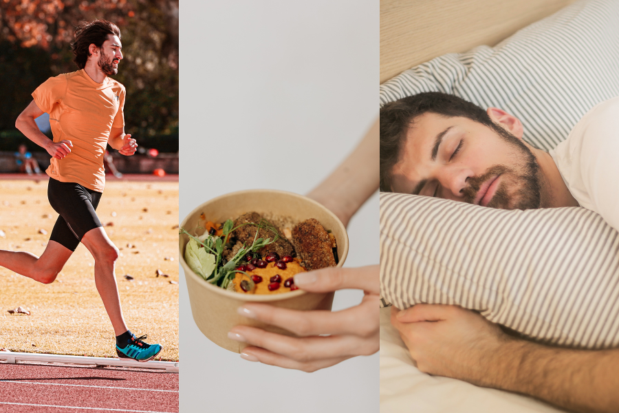 Infographic illustrating the three pillars of life in Ayurveda—Āhāra (food), Nidra (sleep), and Brahmacharya (disciplined living)—with do’s and don’ts for each pillar, created by AYURnest to promote authentic Ayurveda and Panchakarma in Kolkata.