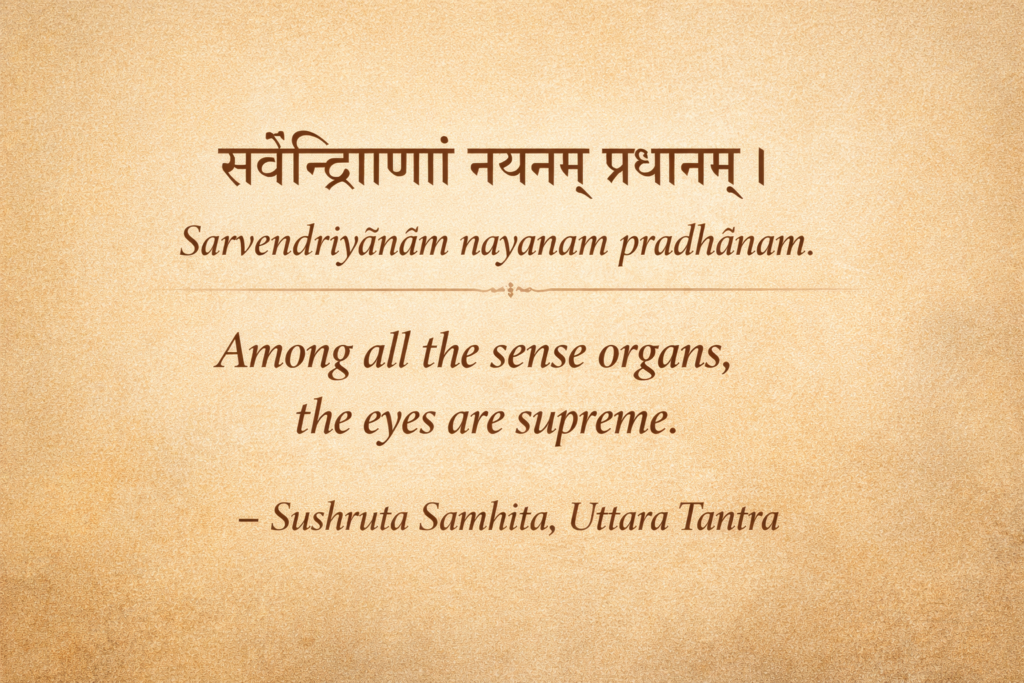 7 Powerful Ayurvedic Treatment for Eye Disorders: A Classical Perspective 8 Quote from Sushruta Samhita, Uttara Tantra stating “Sarvendriyāṇāṁ nayanam pradhānam” meaning “Among all the sense organs, the eyes are supreme.” displayed as a text graphic.
