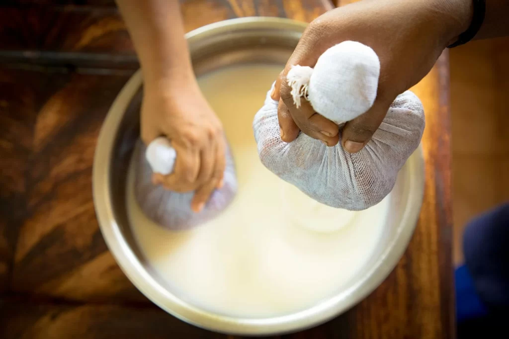 Warm herbal rice boluses used in Navarakizhi therapy